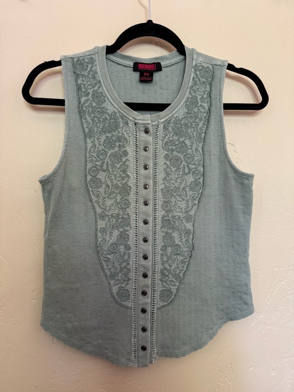 Rock & Roll Cowgirl Sage Green Embroidered Button-Front Tank